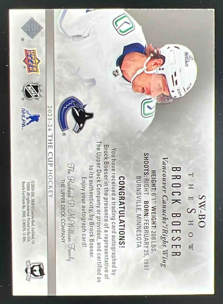 2023-24 The Cup The Show White Auto #SW-BO Brock Boeser Autograph Auto - Image 2