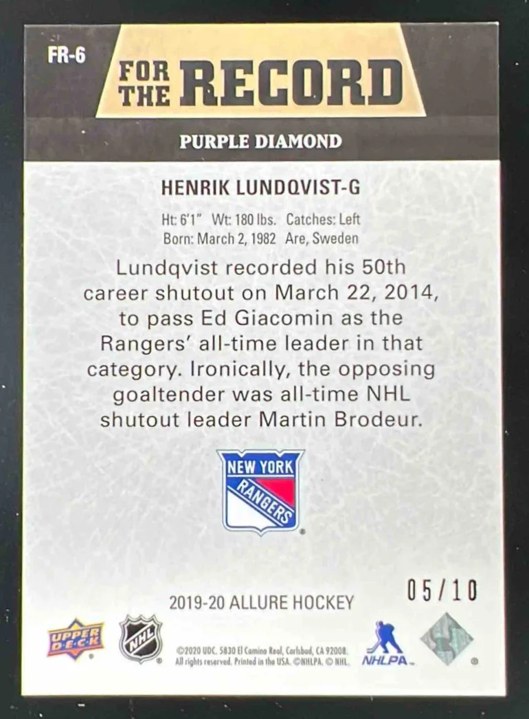 2019-20 Upper Deck Allure For The Record Purple #FR-6 Henrik Lundqvist /10 - Image 2
