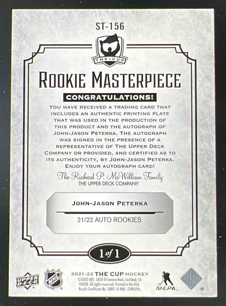 2021 The Cup Rookie Masterpiece Printing Plate Cyan John-Jason Peterka Auto 1/1 - Image 2