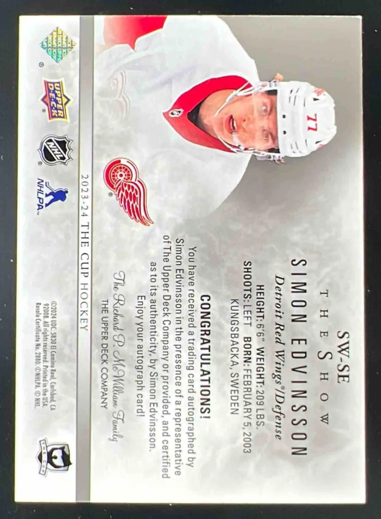 2023-24 The Cup The Show White Auto #SW-SE Simon Edvinsson Autograph Auto - Image 2