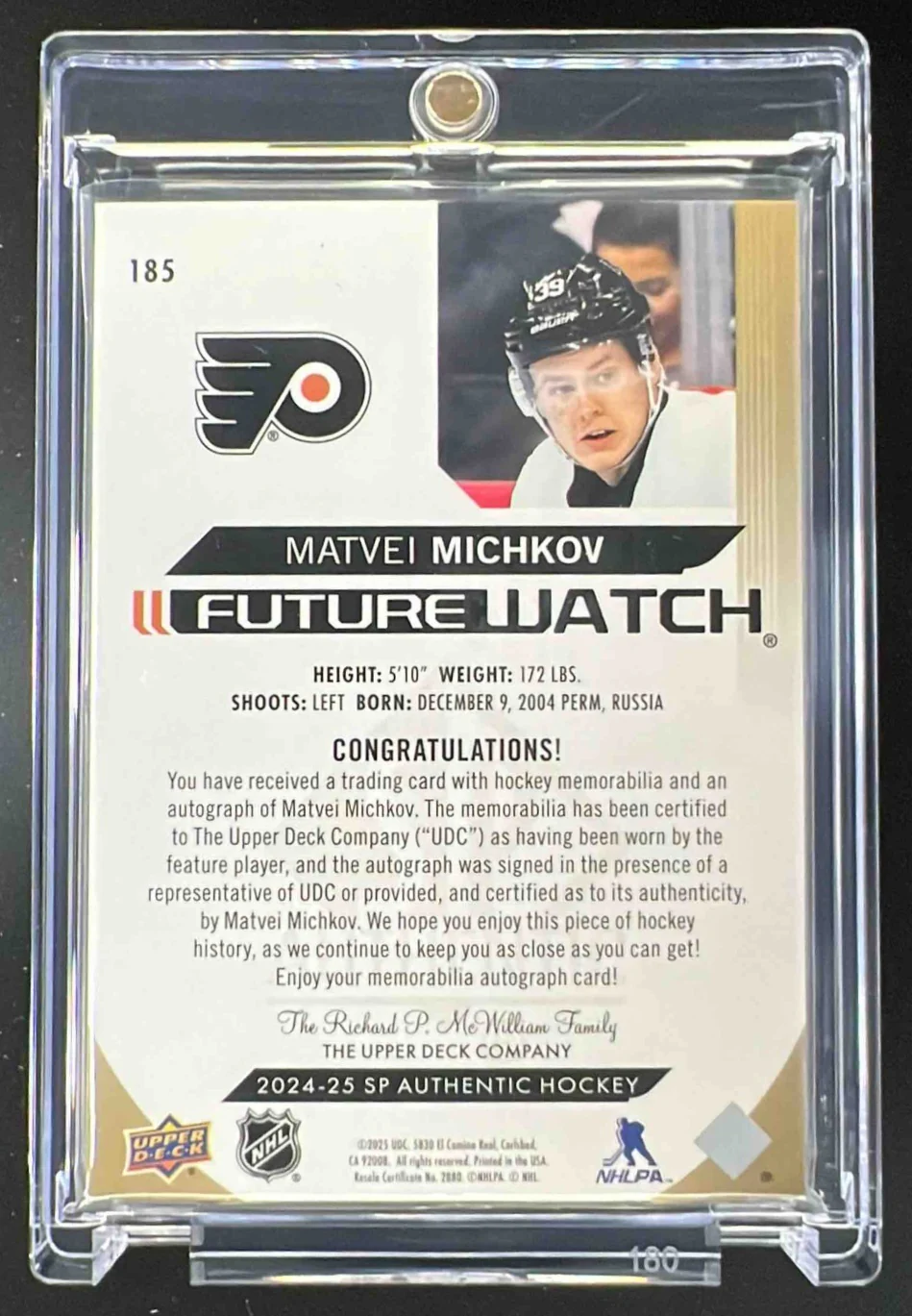 2024 SP Authentic Future Watch Limited Auto Patch #185 Matvei Michkov Auto /100 - Image 2