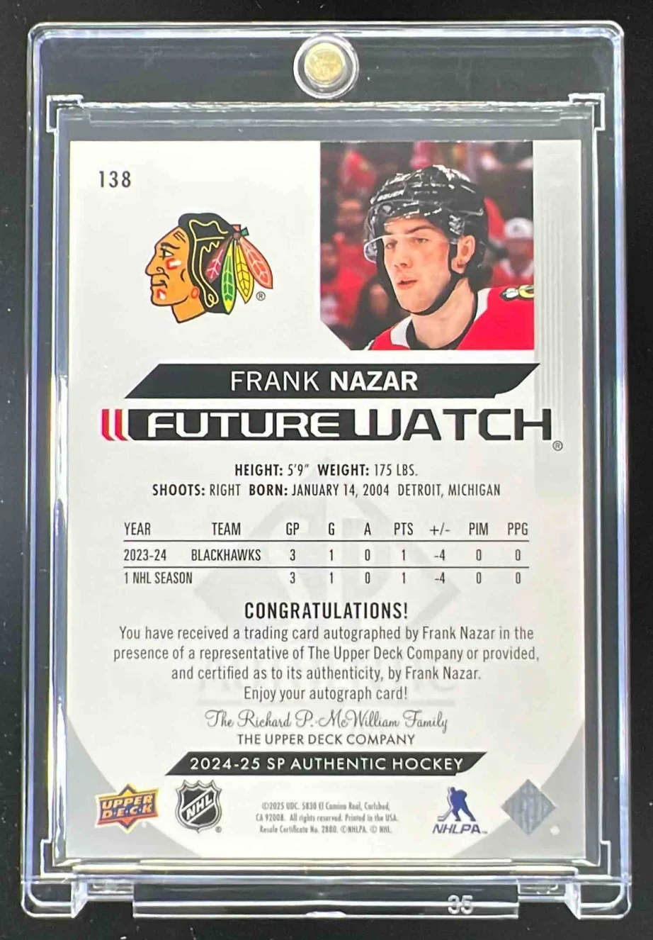 2024-25 Upper Deck SP Authentic #138 Frank Nazar Autograph RC Auto /999 - Image 2