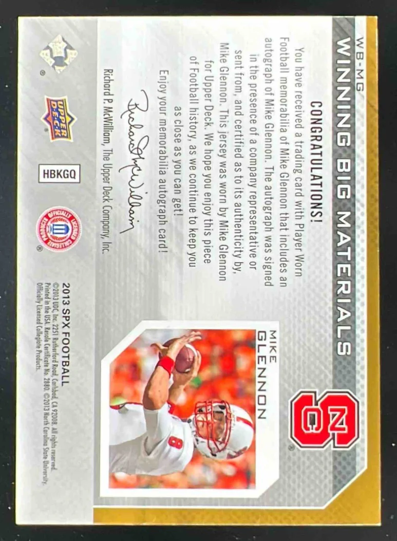 2013 SPx Winning Big Materials Patch #WB-MG Mike Glennon Autograph RC Auto /5 - Image 2
