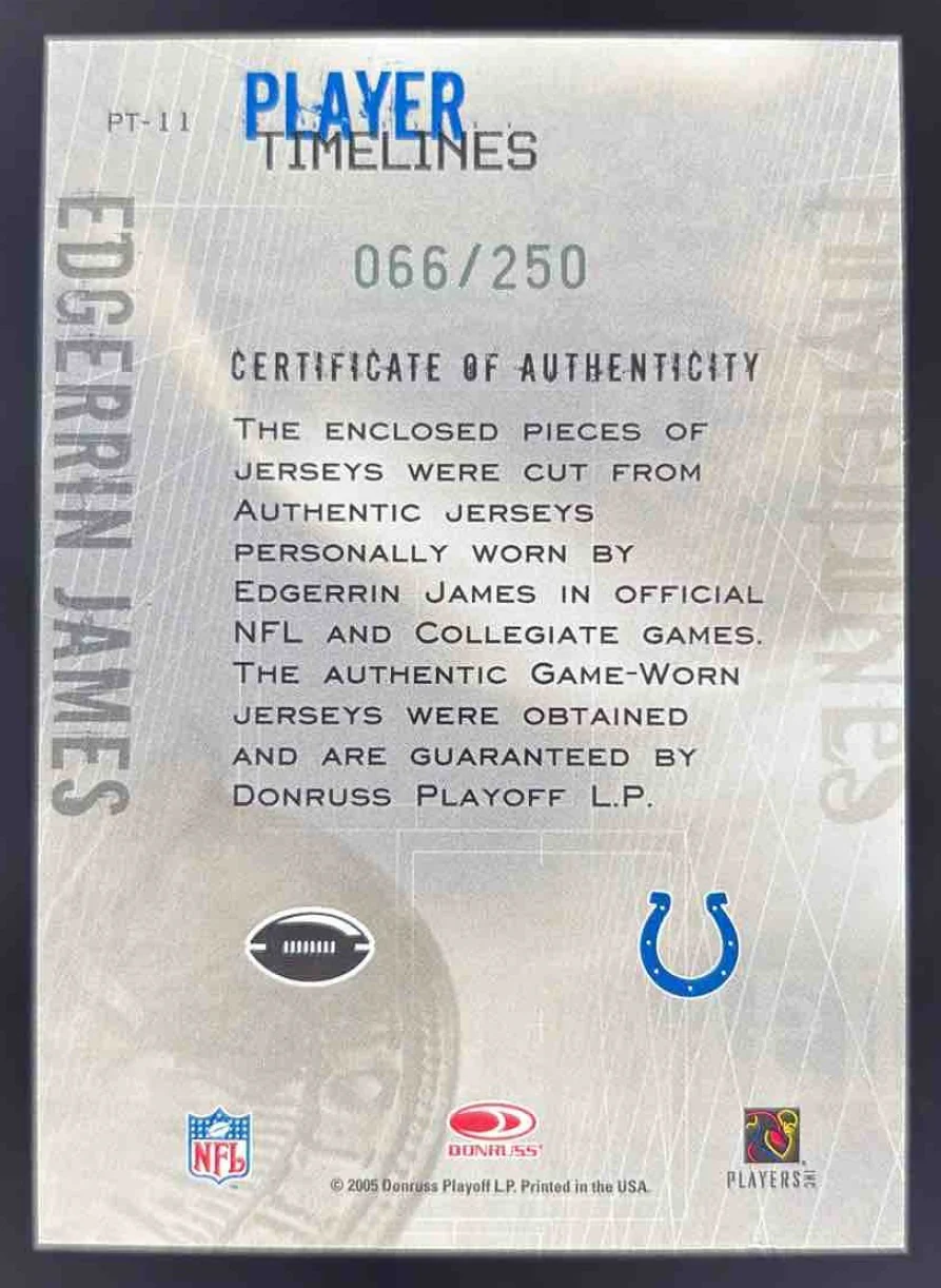 2005 Donruss Throwback Threads Player Timeline Dual Material Edgerrin James /250 - Image 2