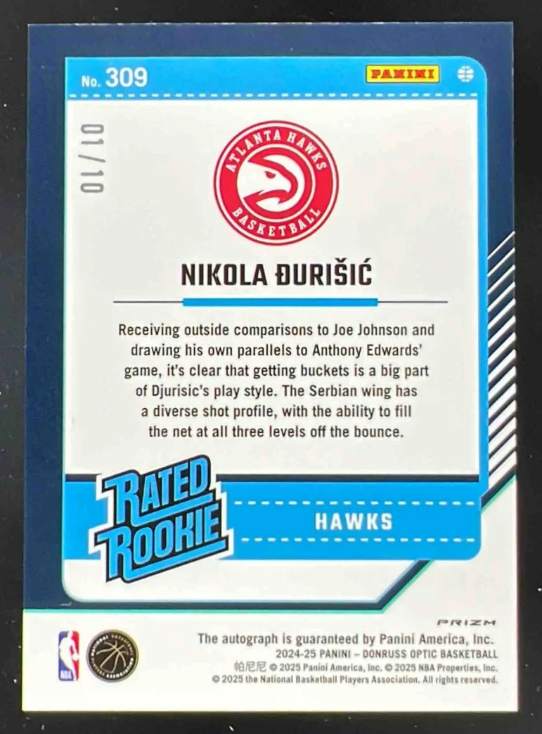 2024-25 Donruss Optic Rated Rookies Signatures Gold Nikola Durisic RC Auto /10 - Image 2