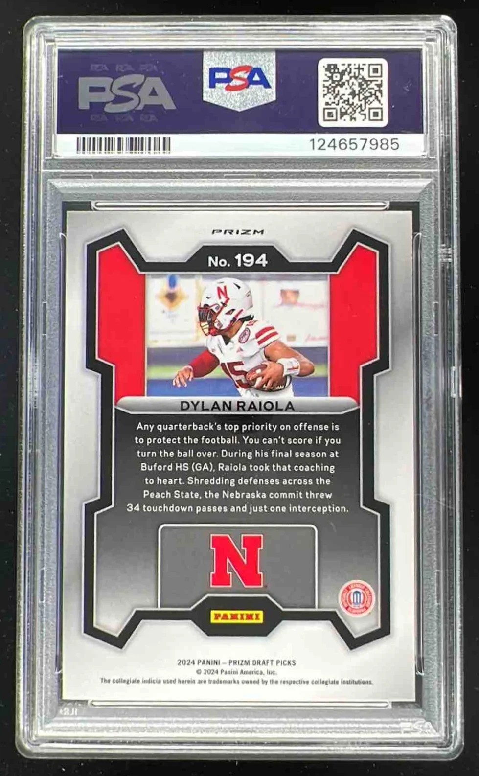 2024 Panini Prizm Collegiate Draft Red Ice #194 Dylan Raiola Prospect PSA 10 - Image 2