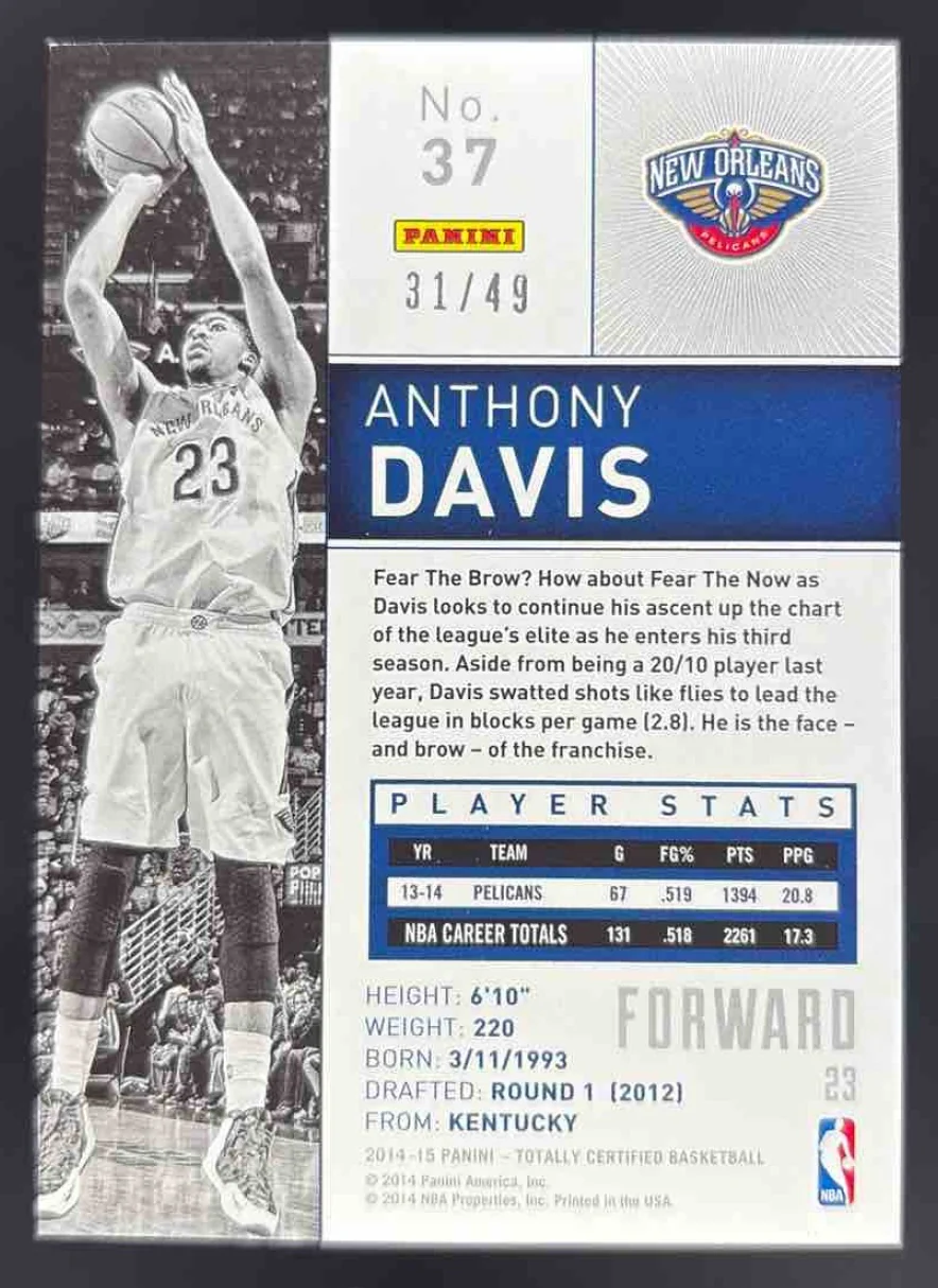 2014-15 Panini Totally Certified Platinum Purple #37 Anthony Davis /49 - Image 2