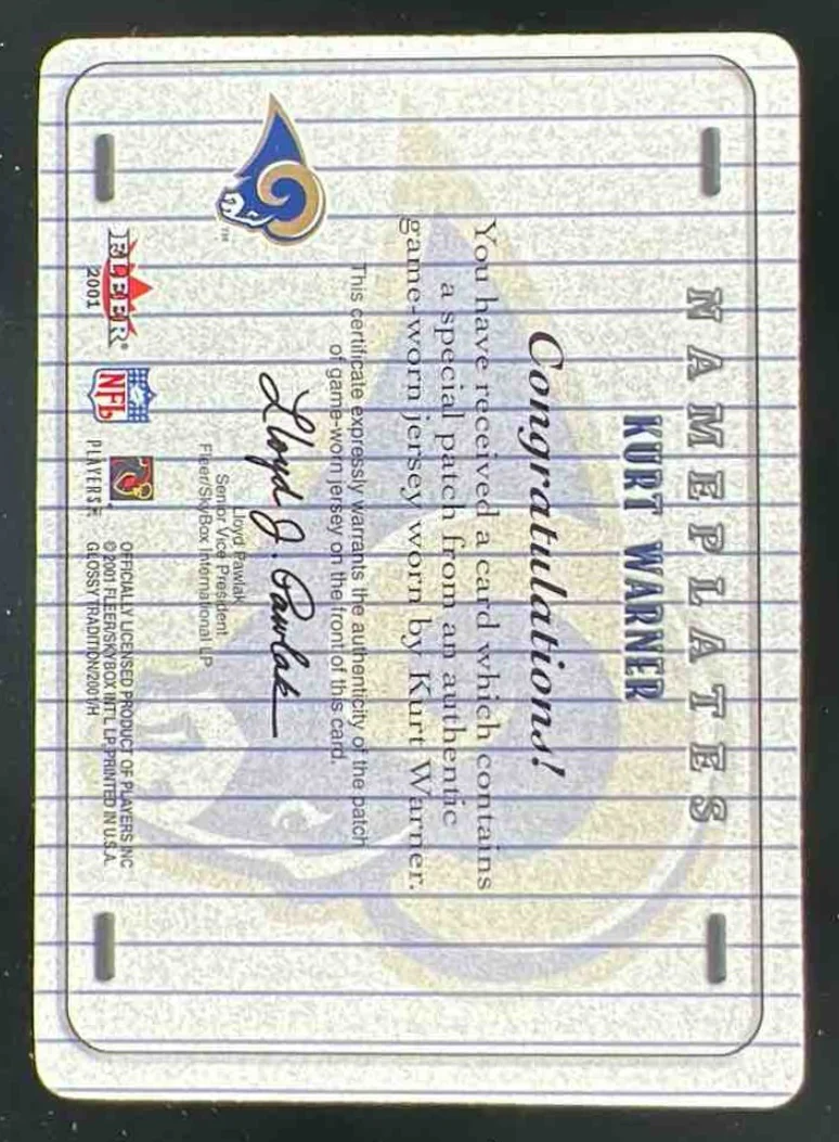 2001 Fleer Tradition Glossy Nameplates #NNO Kurt Warner - Image 2