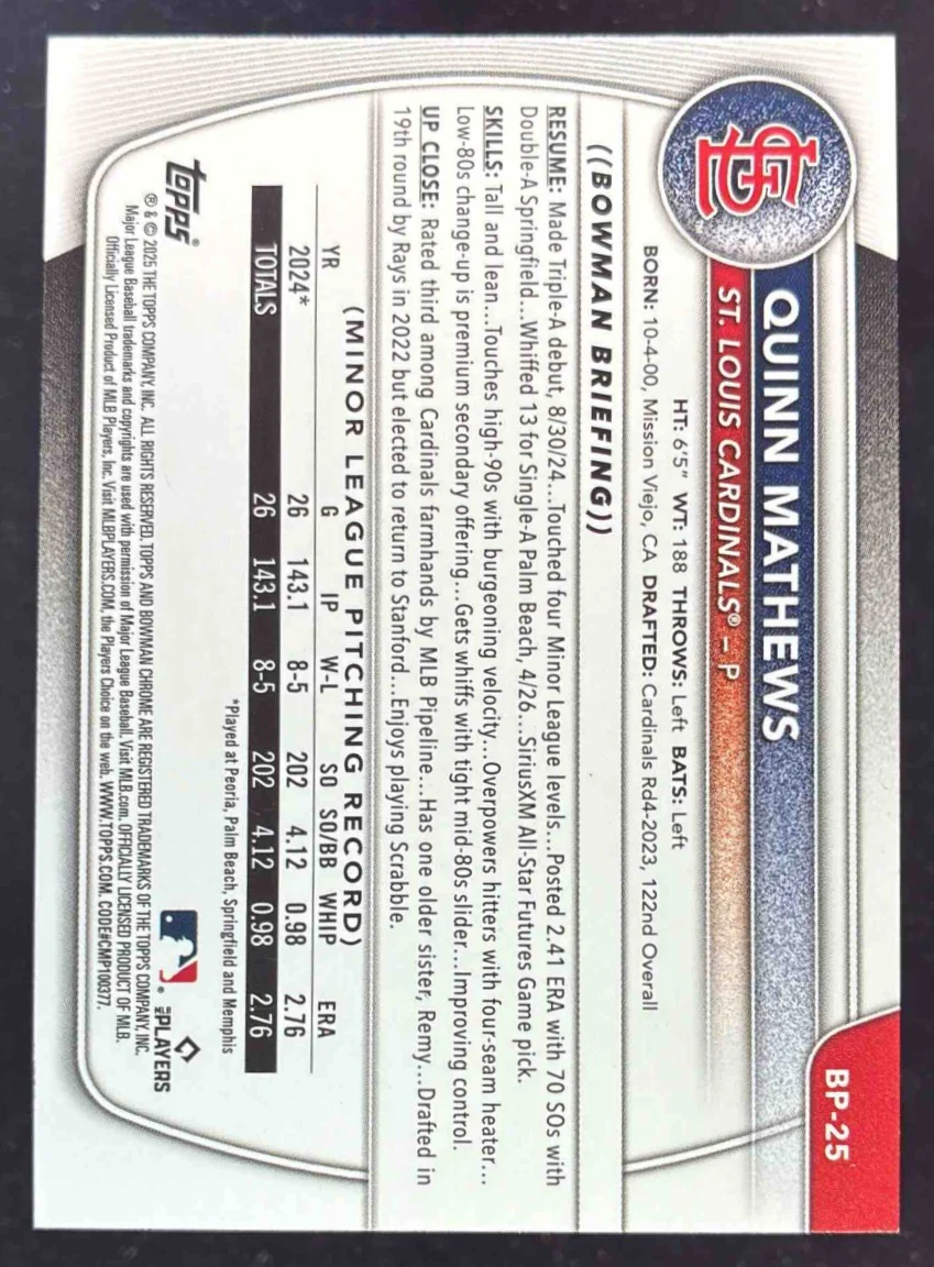 2025 Bowman Prospects Bowman Retro Logo Foil Pattern #BP-25 Quinn Mathews RC - Image 2