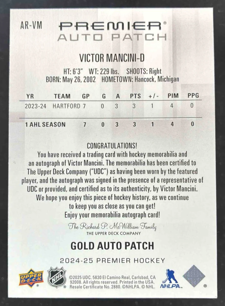 2024-25 UD Premier Acetate Rookies Patch Gold #AR-VM Victor Mancini Auto /65 - Image 2